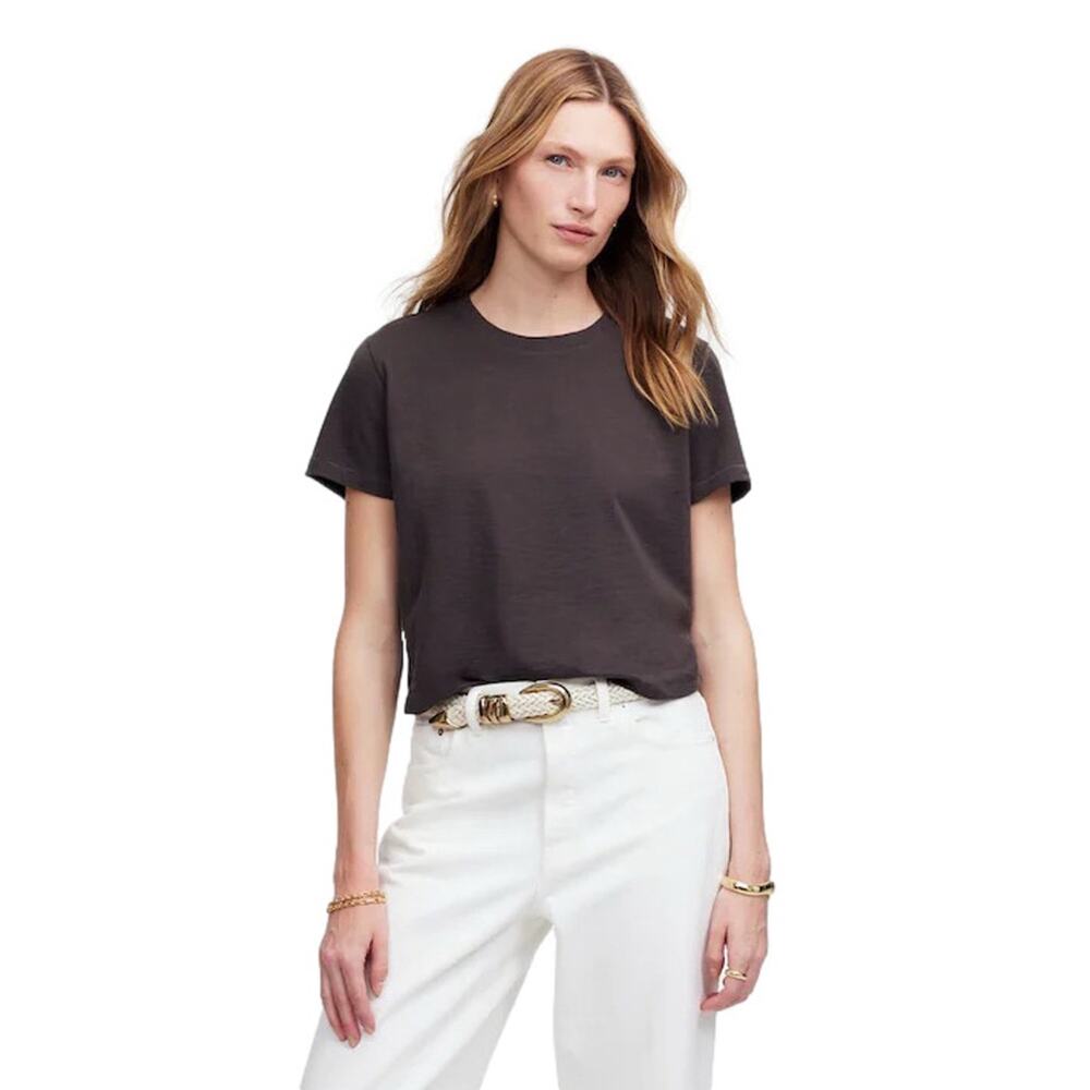 Madewell Soft Slub Boxy Cropped Tee XXS Charcoal Washed Black Pima Cotton NWT